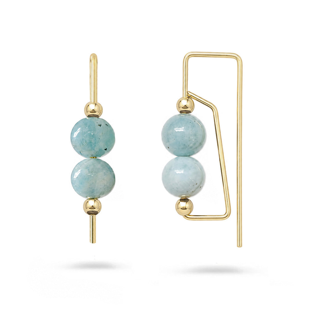 Gold earrings with light blue beads on a white background