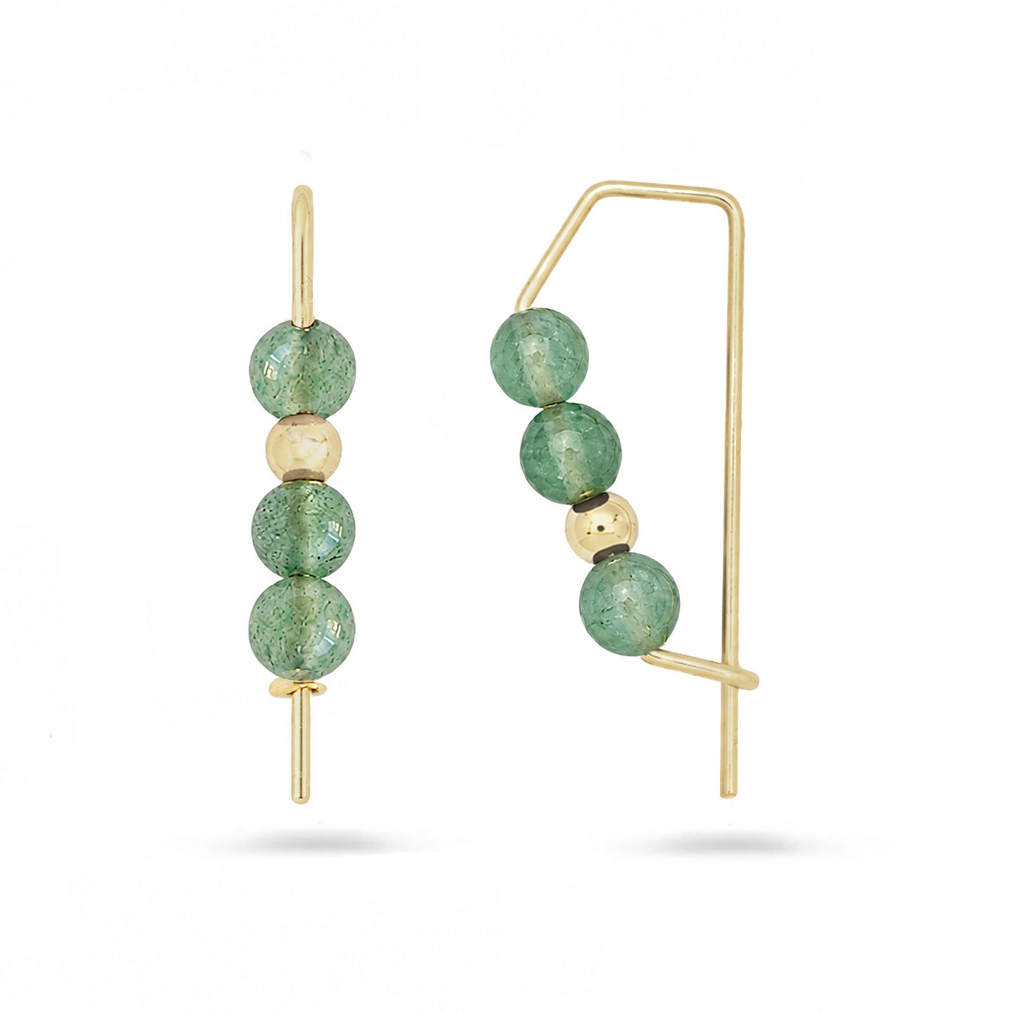 Gold hoops with stacked aventurine gemstone beads on white background