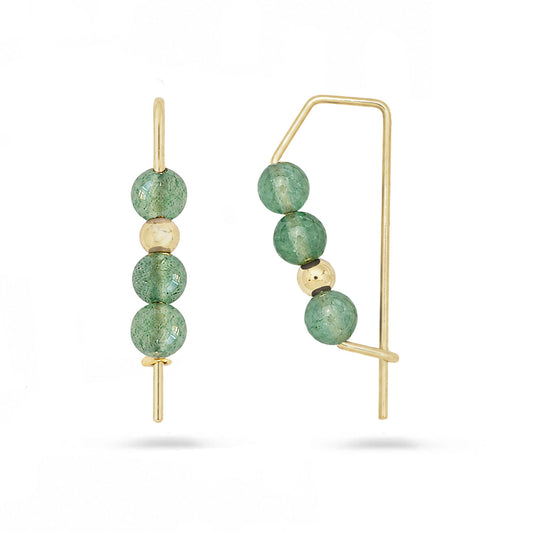 Gold hoops with stacked aventurine gemstone beads on white background