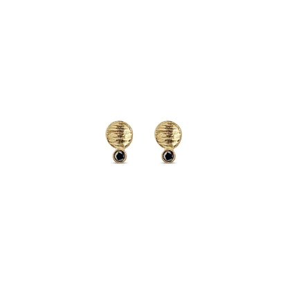small textured gold disk stud with black diamonds