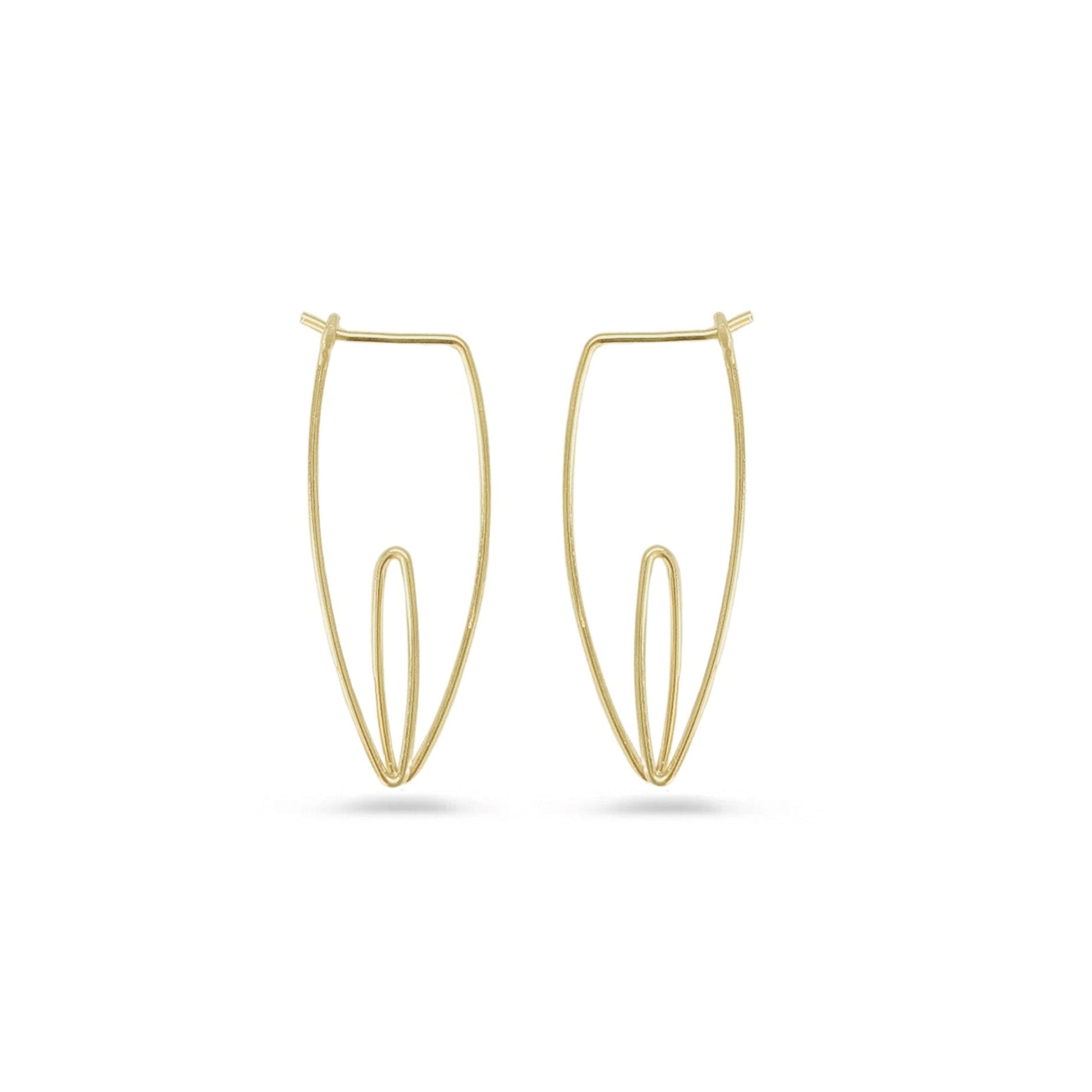 Pair of 14K gold floral hoop earrings on white background