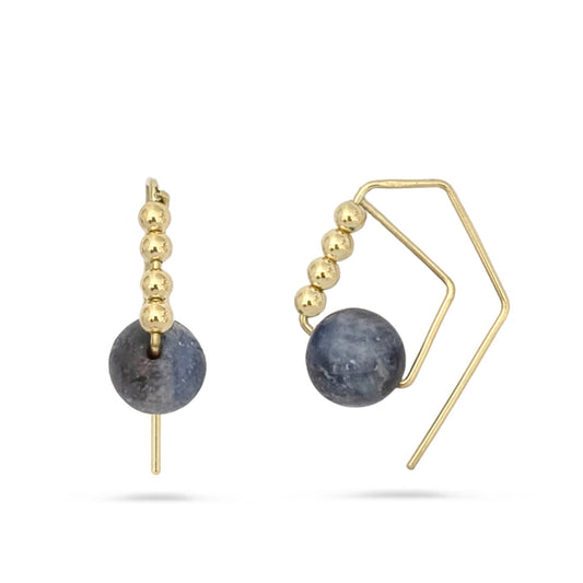 Pair of earrings with gold beads and blue spherical stones on a white background