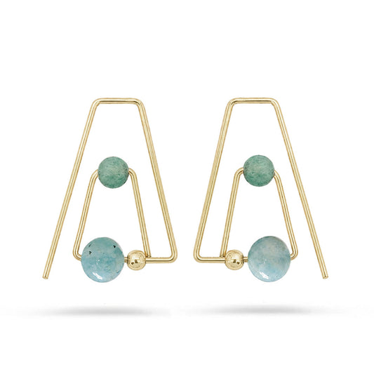 Gold earrings with aventurine and amazonite beads on a white background