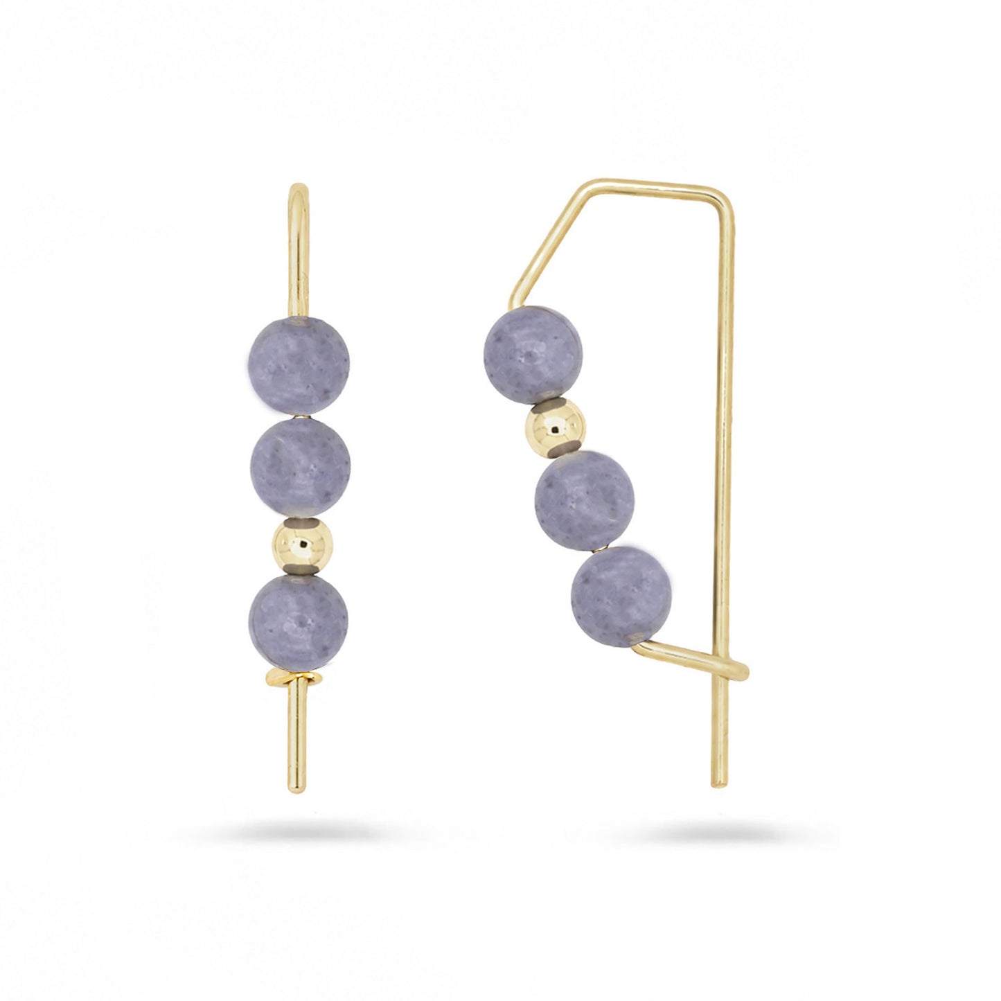 Gold hoops with stacked lavender gemstone beads on white background