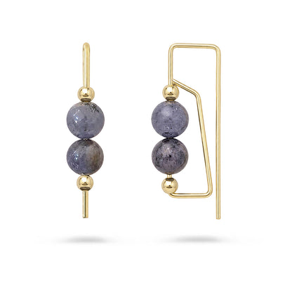 Gold earrings with purple beads on a white background