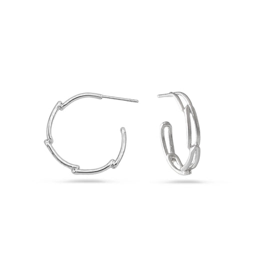 A pair of sterling silver hoop earrings with a modern, open-link design, displayed against a clean white background.