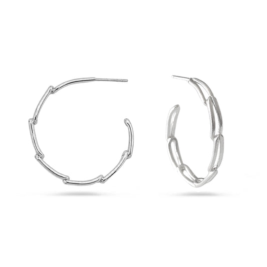 A pair of silver hoop earrings with a segmented chain-link design, displayed against a clean white background.