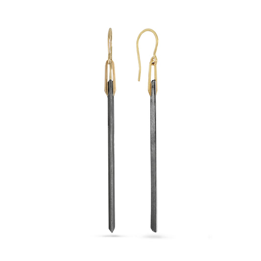 black and gold knife edge dangle bar earrings