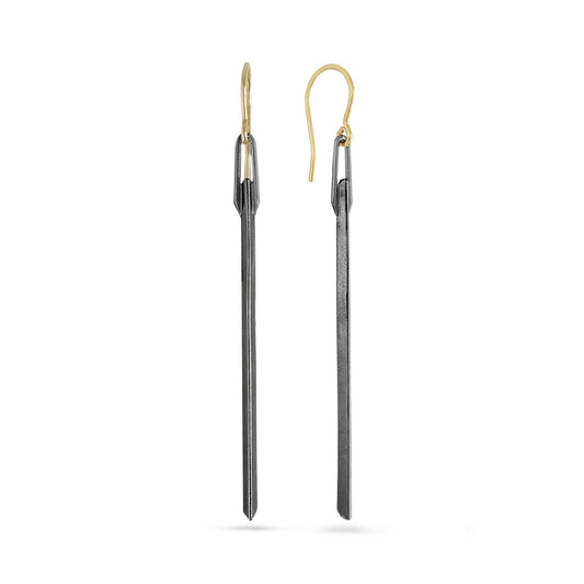 long charcoal silver angular bar earrings with 14k gold details