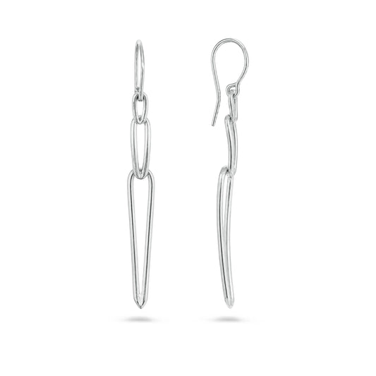 A pair of silver drop earrings with a minimalist, open geometric design, shown against a plain white background.
