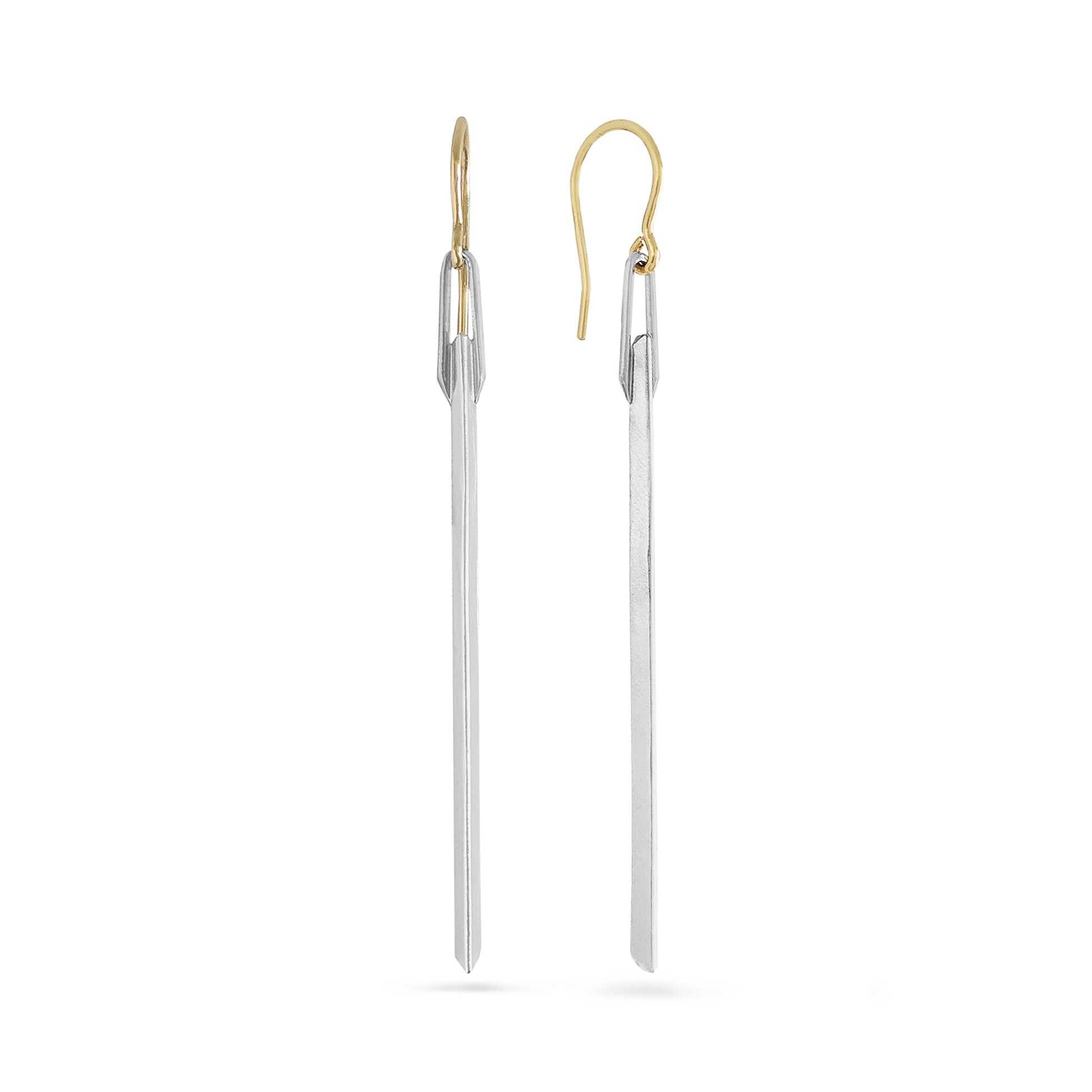 long sterling silver angular bar earrings with 14k gold ear hooks