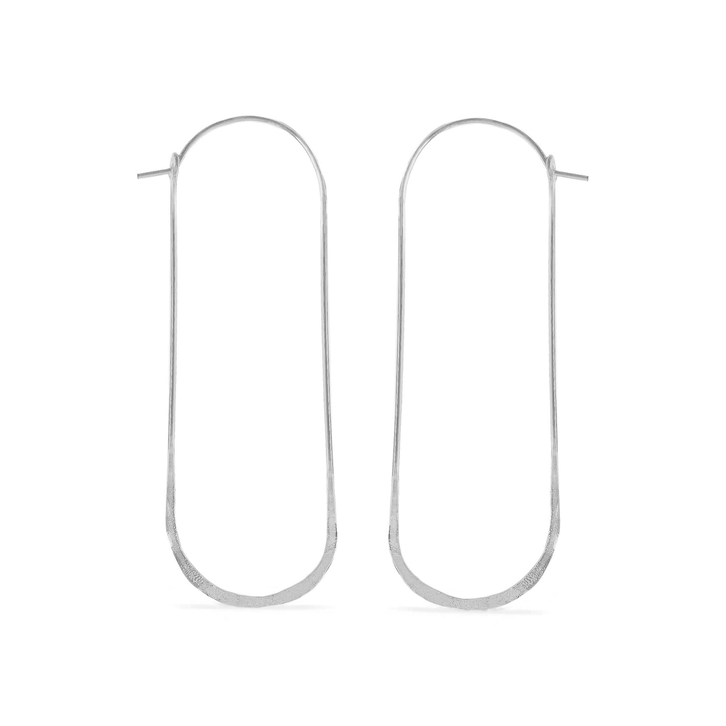 Long oval hammered wire hoop earrings in sterling silver