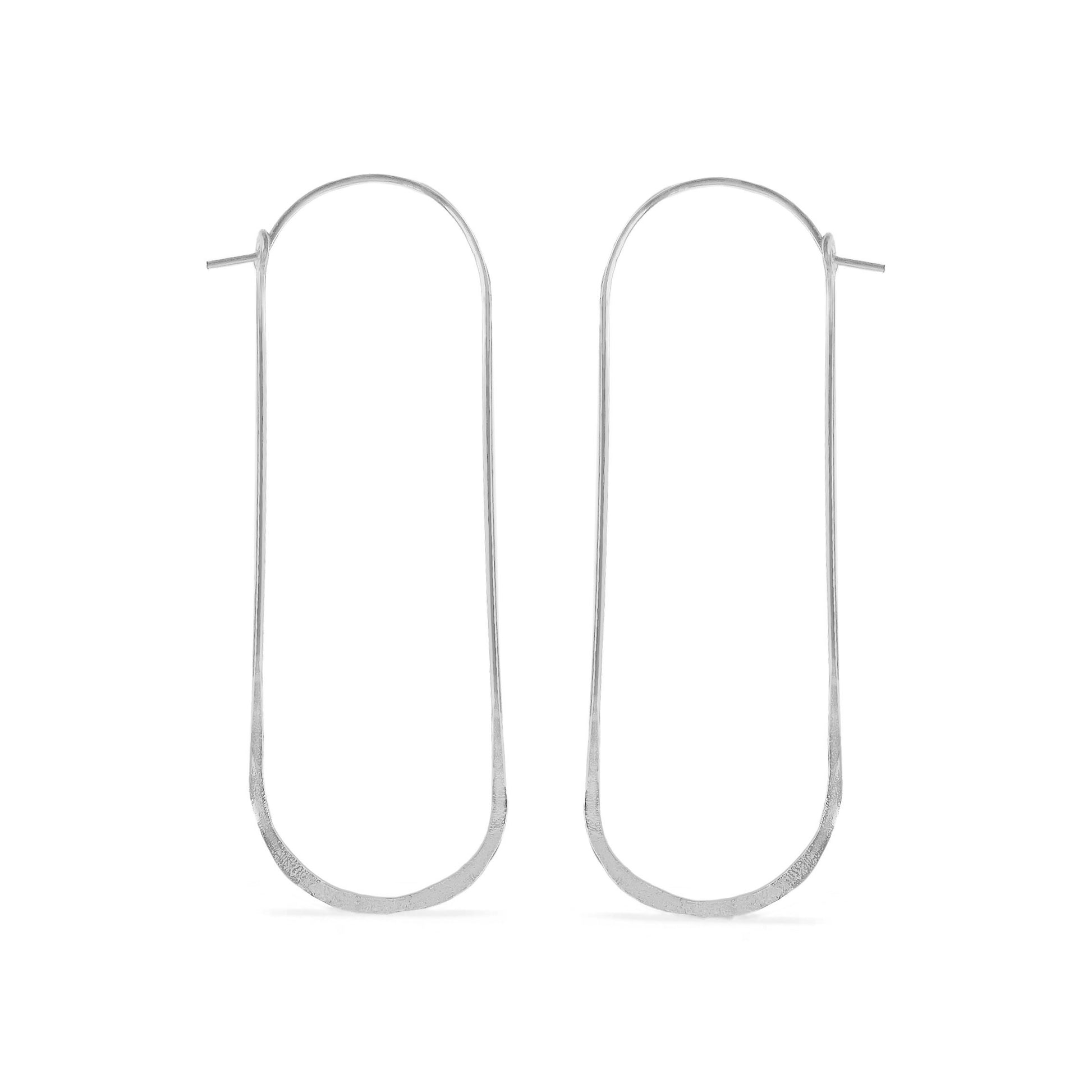 Long oval hammered wire hoop earrings in sterling silver