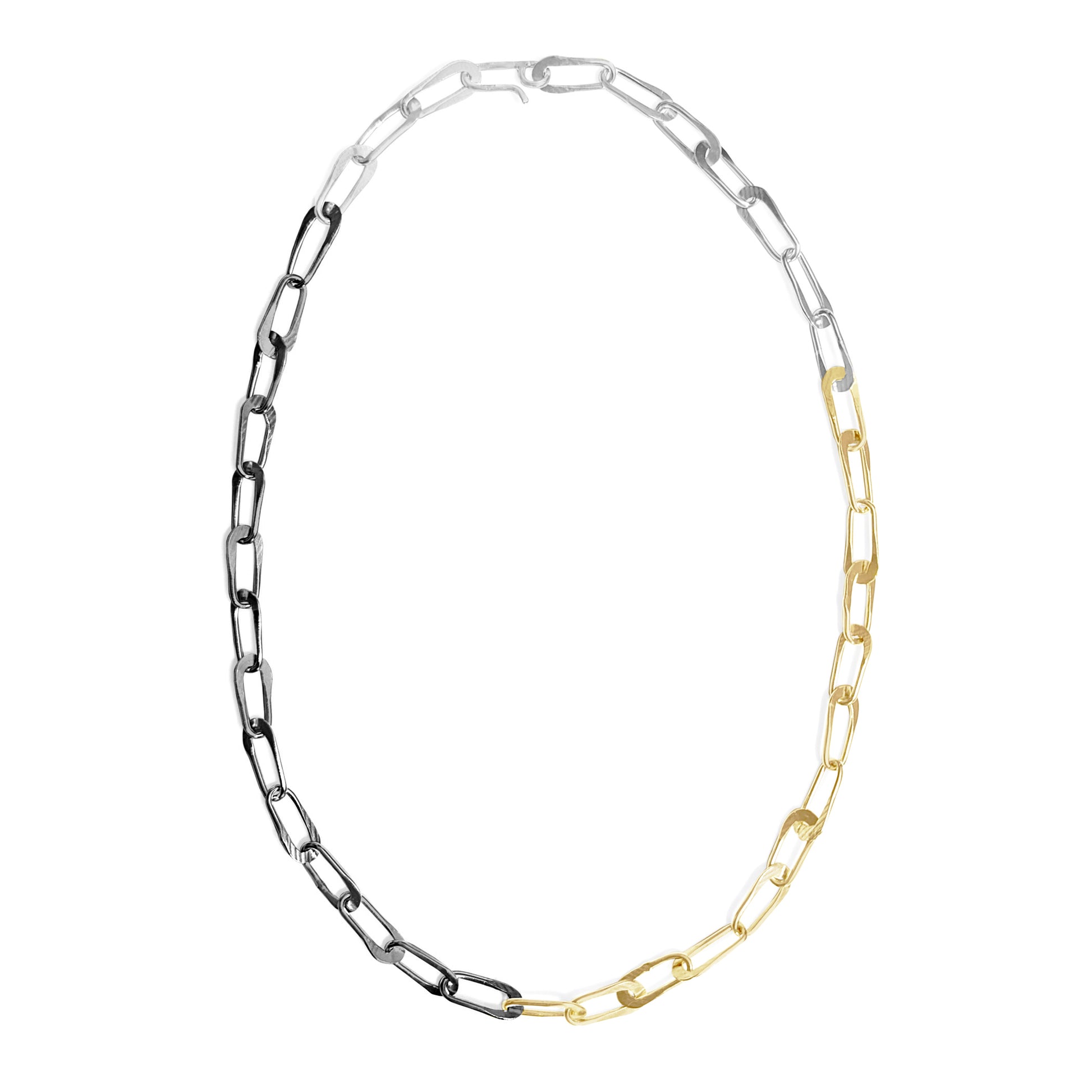 Two-tone silver and gold chain necklace on a white background