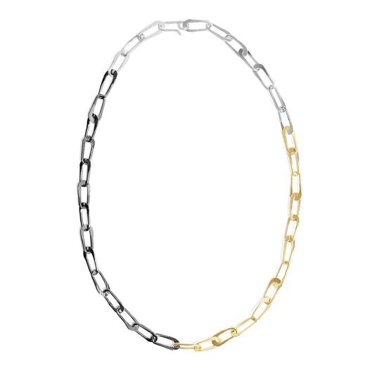 Two-tone silver and gold chain necklace on a white background