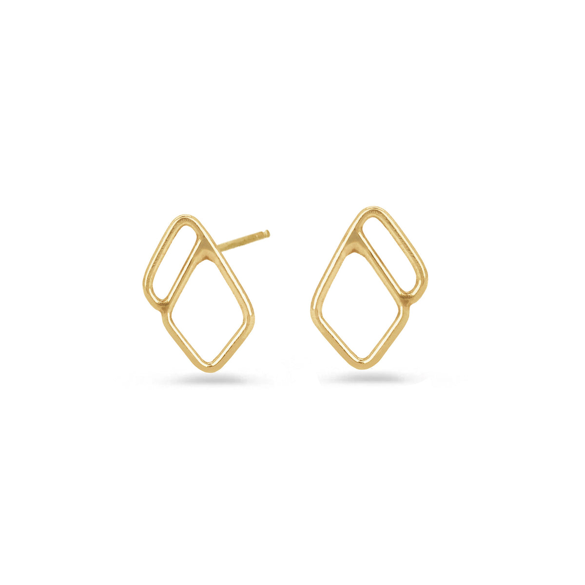 A pair of gold geometric stud earrings with an open, interlocking diamond design, on white background.