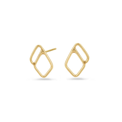 A pair of gold geometric stud earrings with an open, interlocking diamond design, on white background.