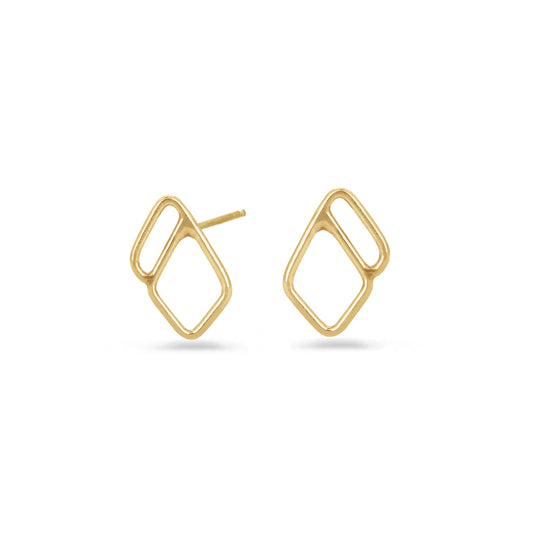 A pair of gold geometric stud earrings with an open, interlocking diamond design, on white background.