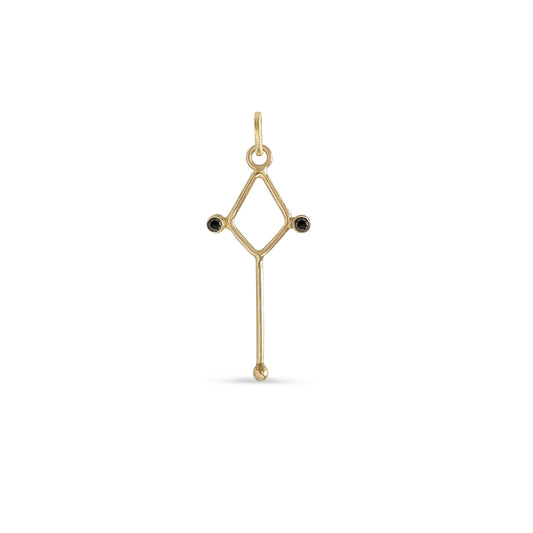 Open diamond-shaped necklace charm with long bar drop and two black diamonds in 14K gold