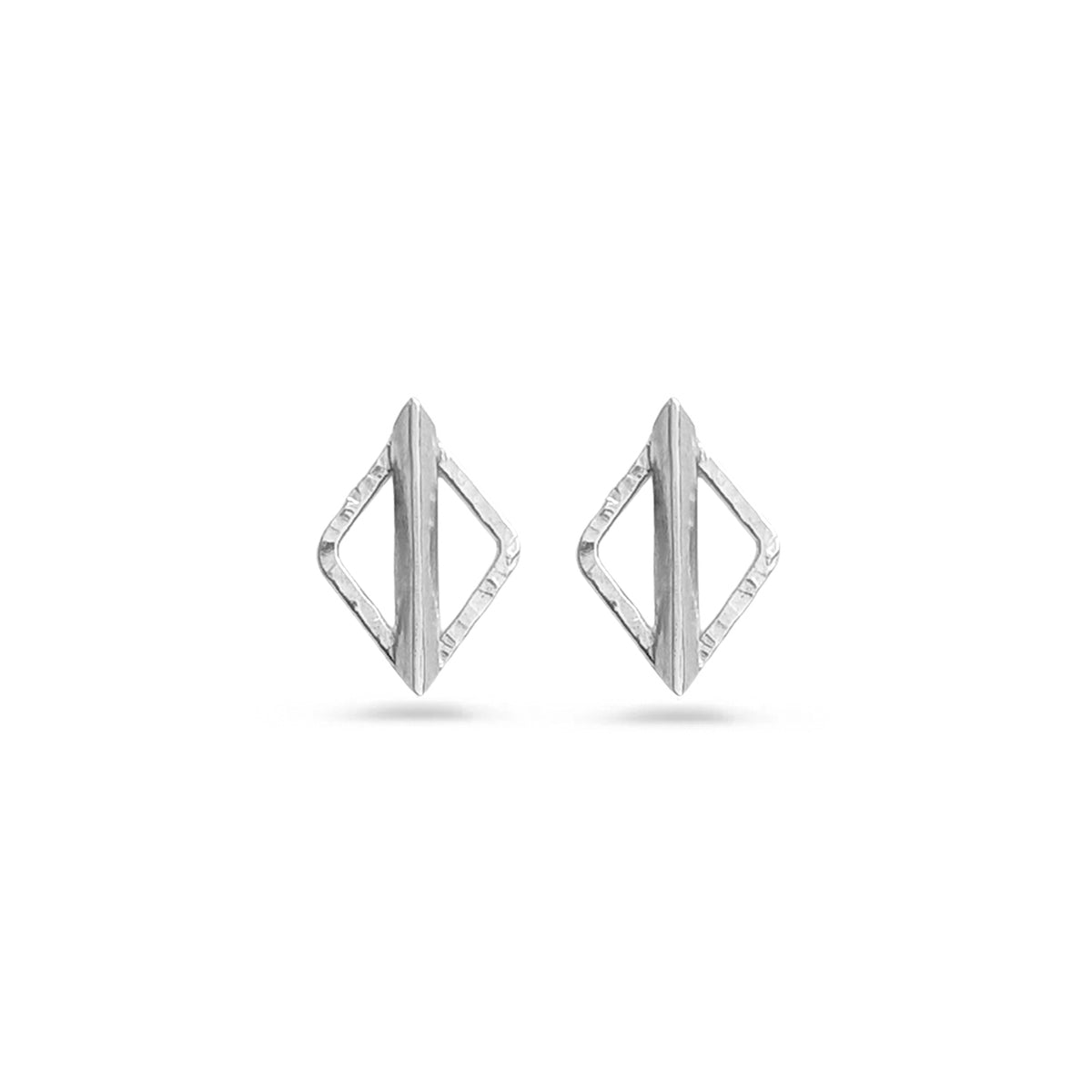 Pair of diamond-shaped silver earrings on a white background