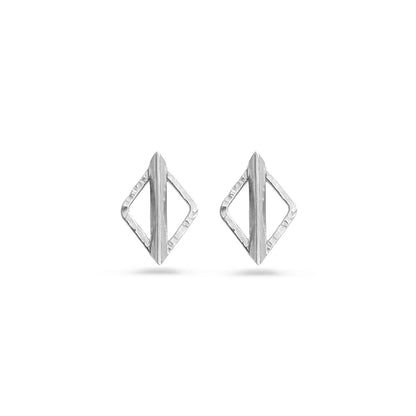 Pair of diamond-shaped silver earrings on a white background