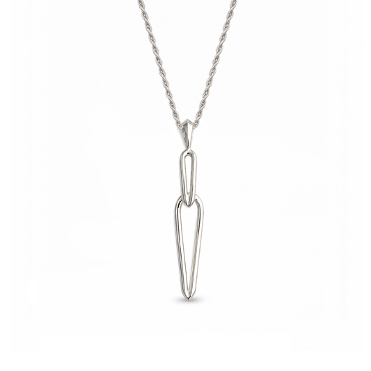 Open teardrop dagger point pendant suspended from rope chain on white background.