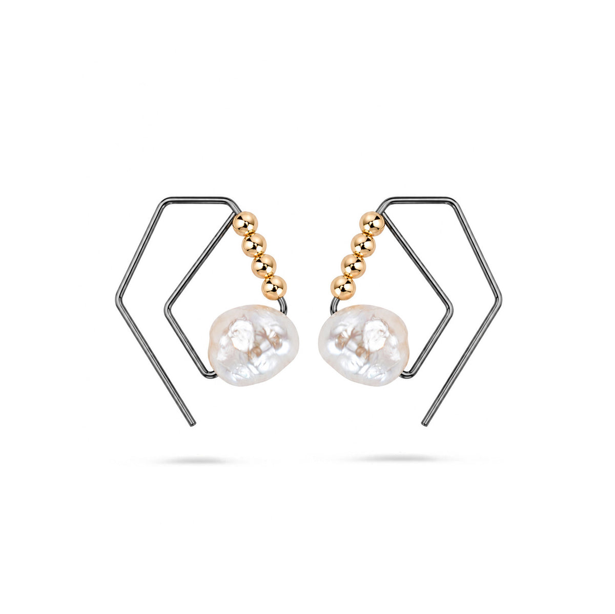 A pair of black open diamond hoops with gold beads and baroque pearls on white background.