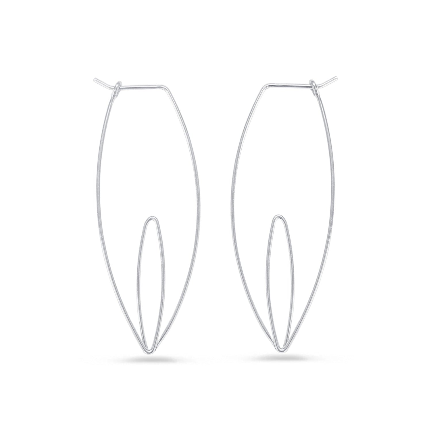 A pair of silver nature-inspired hoop earrings on a white background.