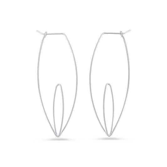 A pair of silver nature-inspired hoop earrings on a white background.