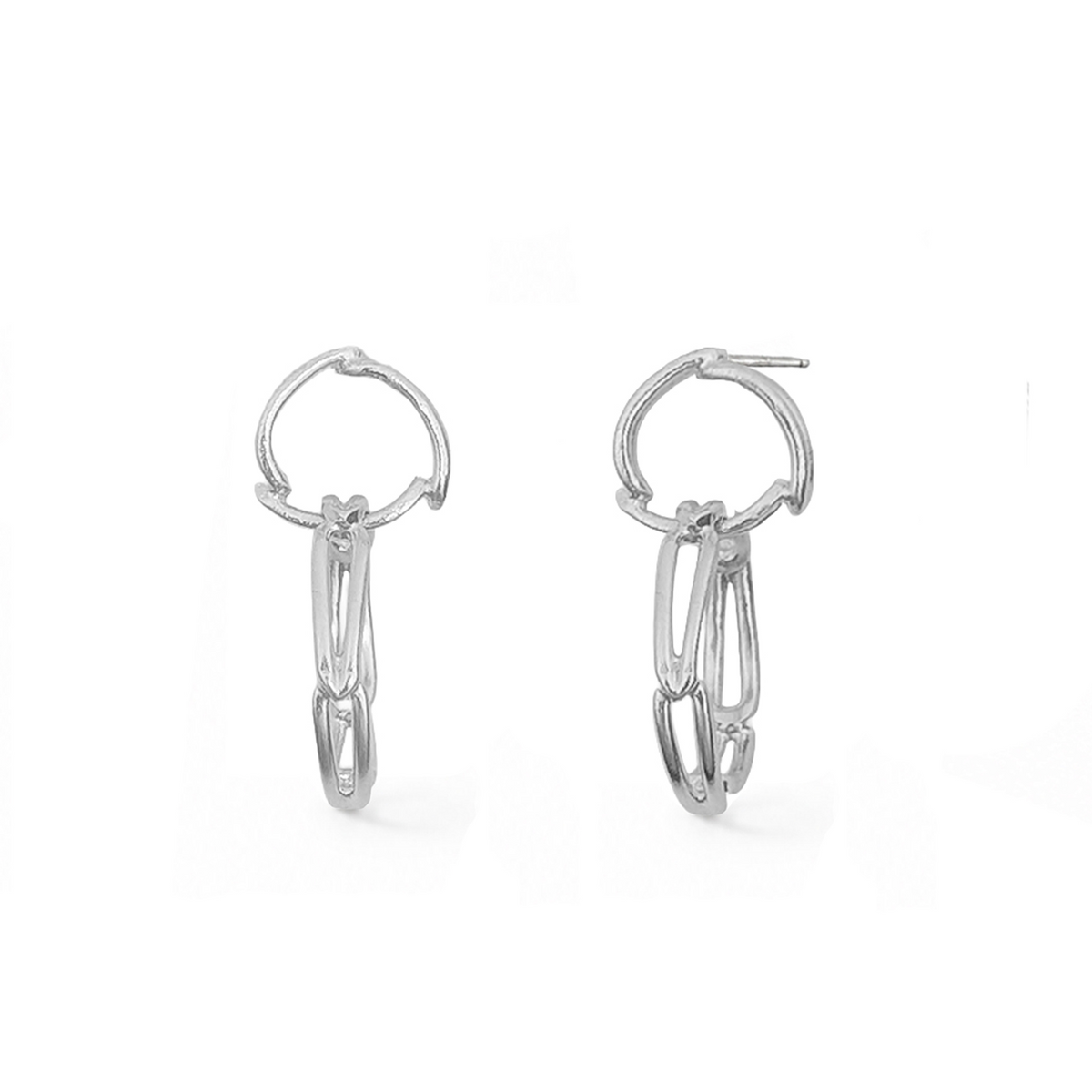 A pair of silver-toned huggie hoop earrings with dangling chain-link details, shown on a plain white background.