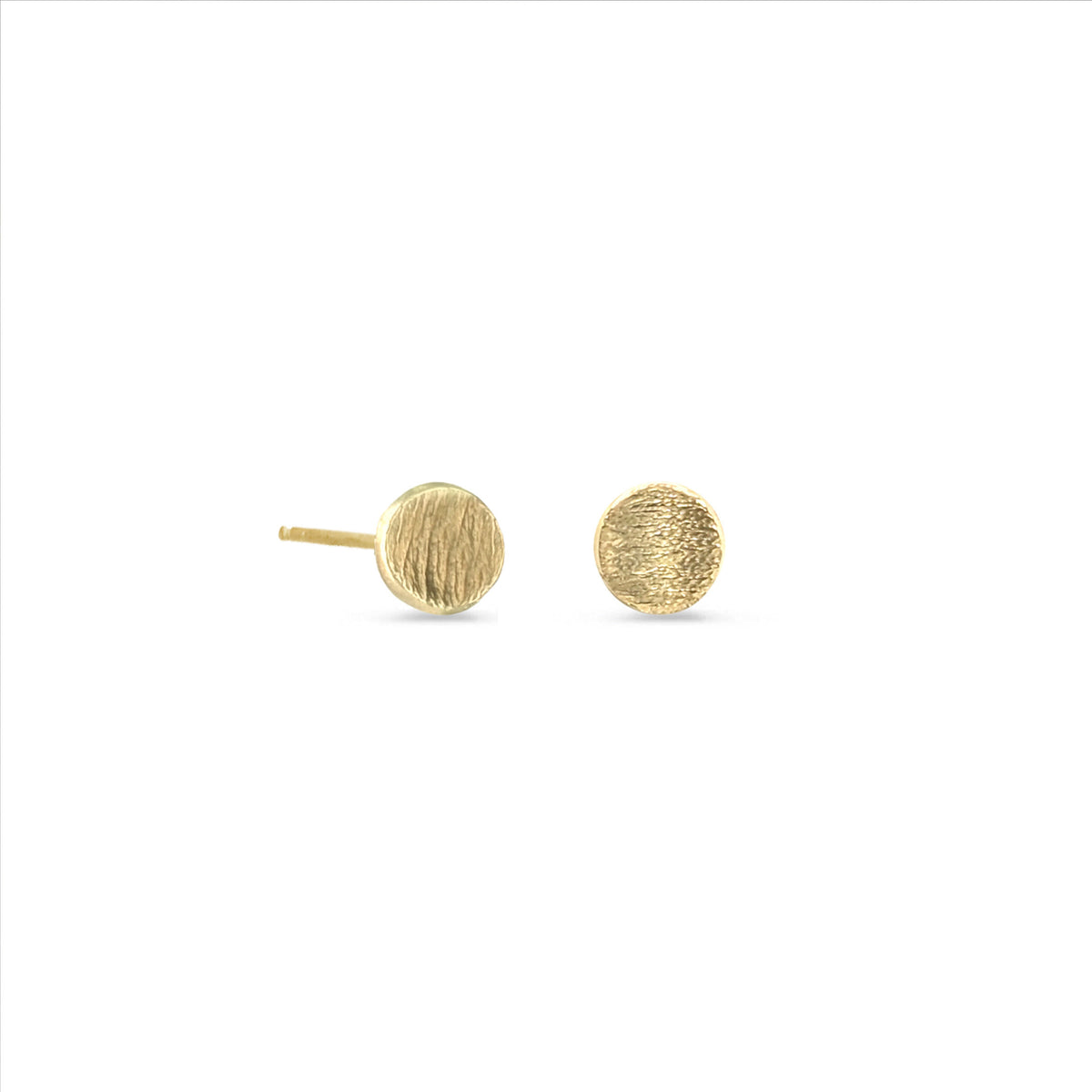 A pair of textured gold stud earrings on a plain white background.