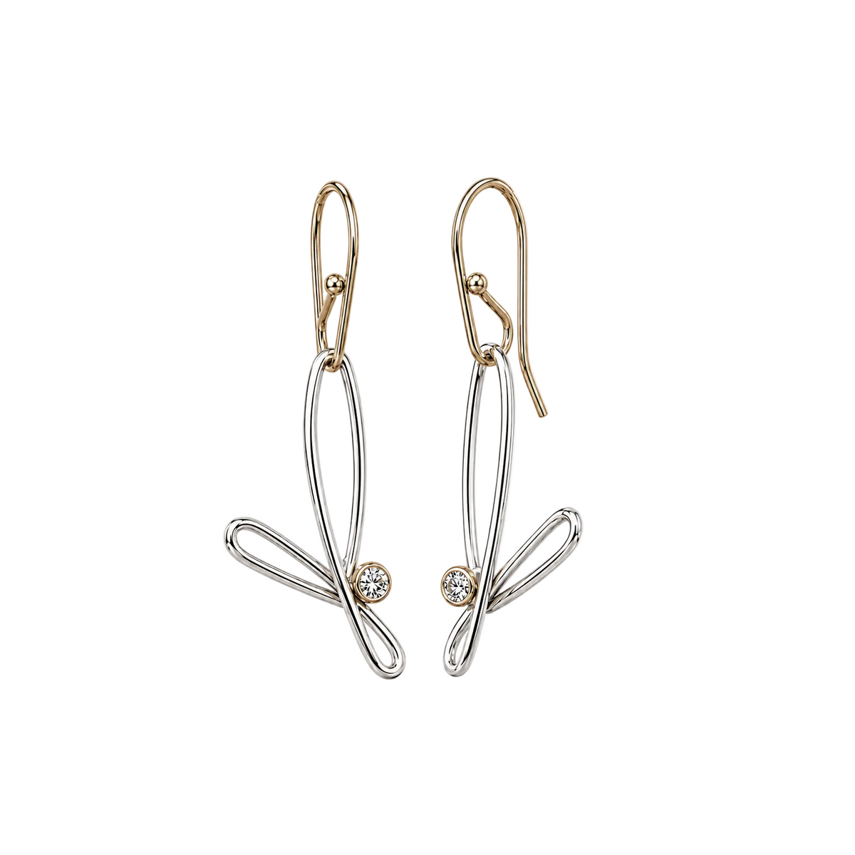 Abstract floral petal drops earrings with white sapphires and gold ear hooks