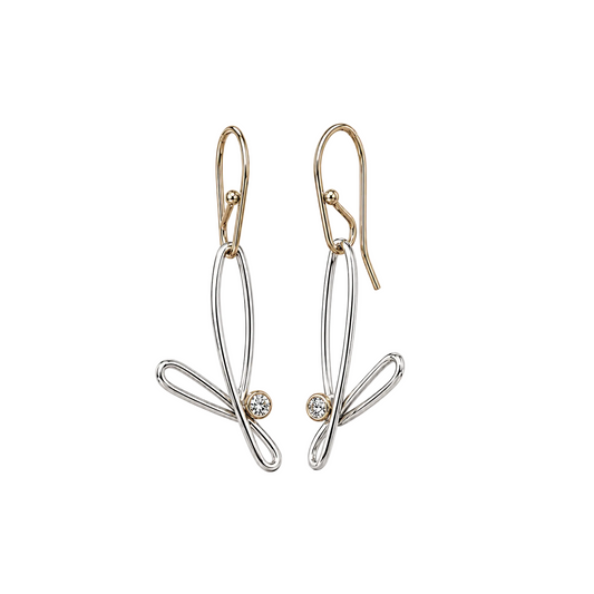Abstract floral petal drops earrings with white sapphires and gold ear hooks