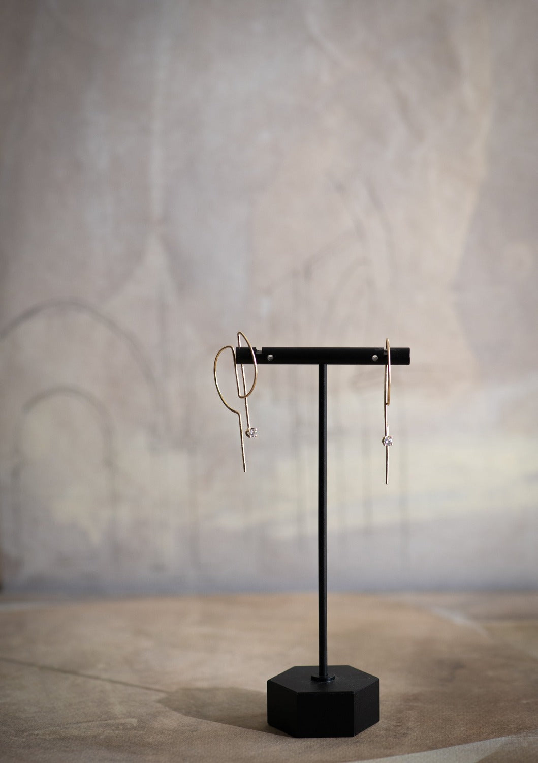 Round half moon dangle drop delicate hoops with black diamonds