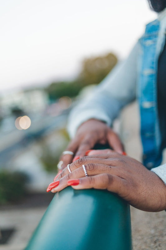 stackable diamond beaded rings styled on model