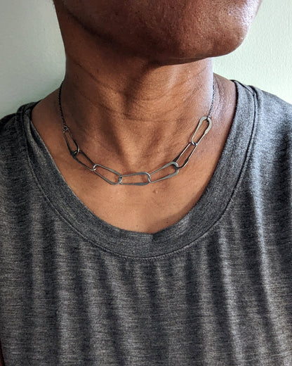 Oval paper clip chain link necklace in Black and Silver
