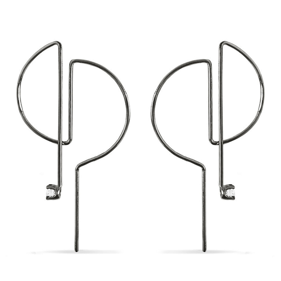 Black D hoop pull through earrings with white moissanites