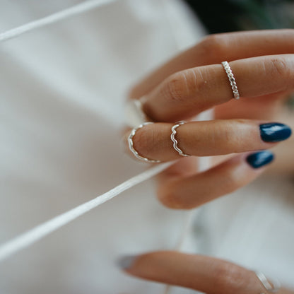 Silver ring stack of dainty scalloped rings