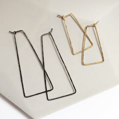 Black and gold triangle delicate wire hoop earrings