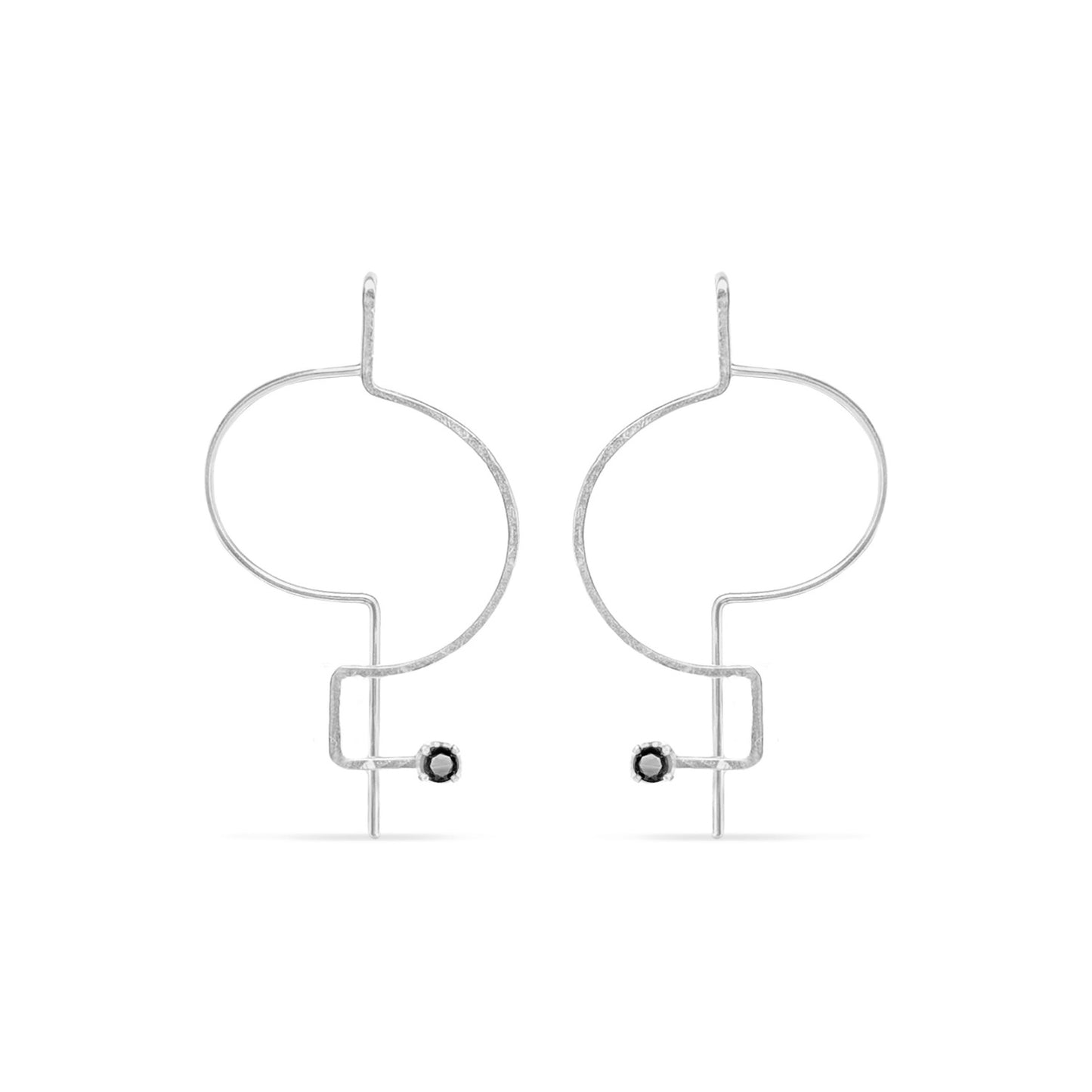 Silver black diamond round hoop earrings