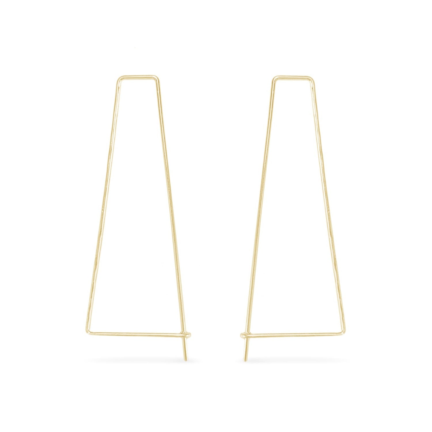 Long 14K gold triangle pull through hoop earrings