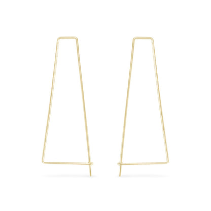 Long 14K gold triangle pull through hoop earrings