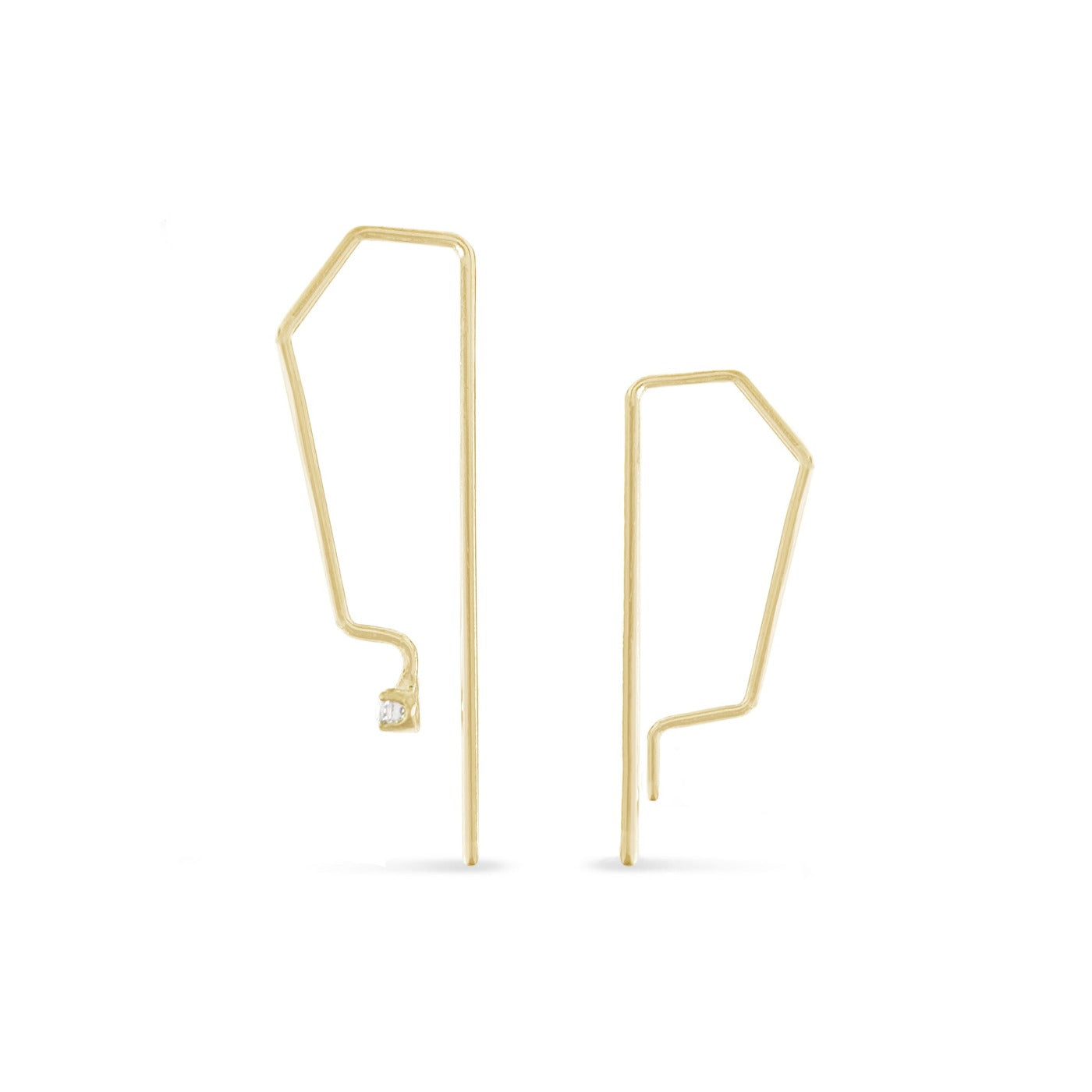 Geometric half hexagon delicate 14K gold micro hoops side by size showing size difference