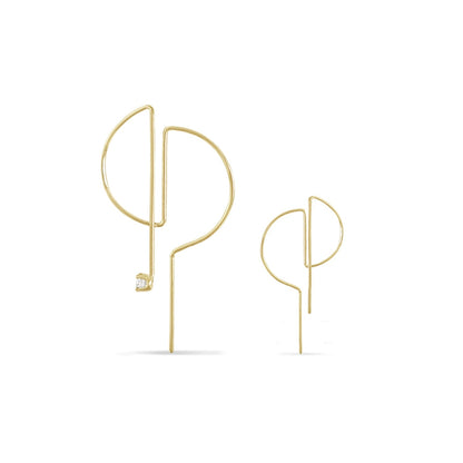 Double D shaped delicate 14K gold micro hoops side by size showing size difference