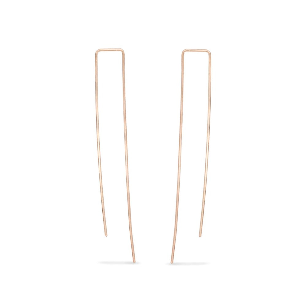 Elongated rectangle pull through threader hoops in rose gold