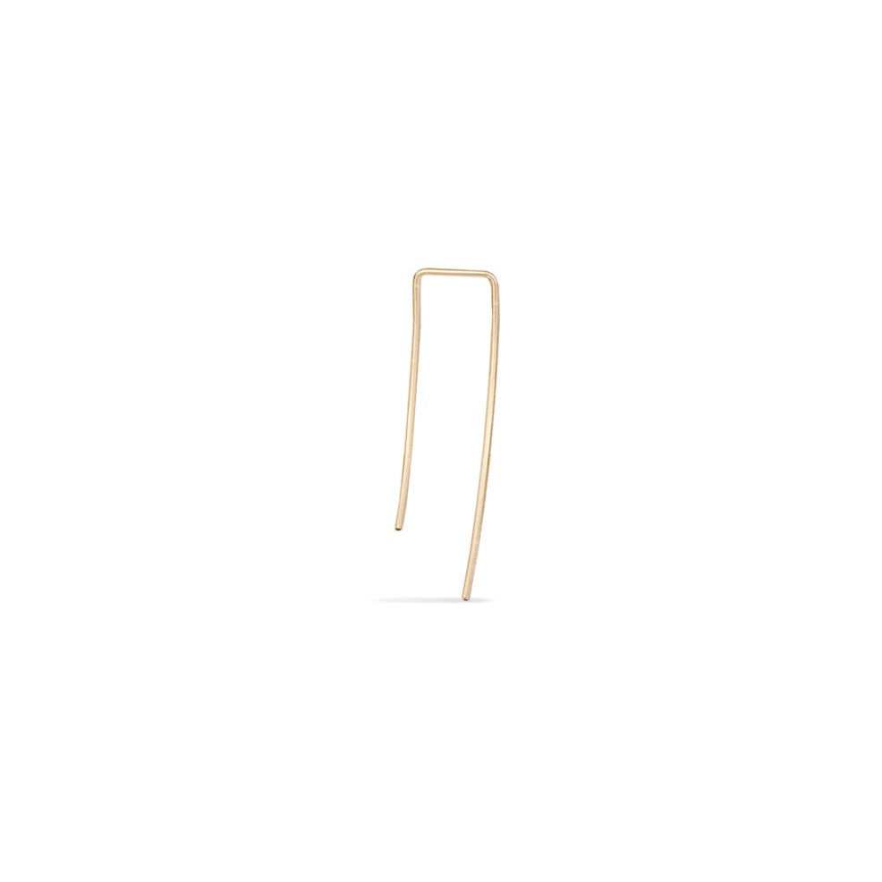 Single 14K yellow gold curved rectangular pull through hoop earring